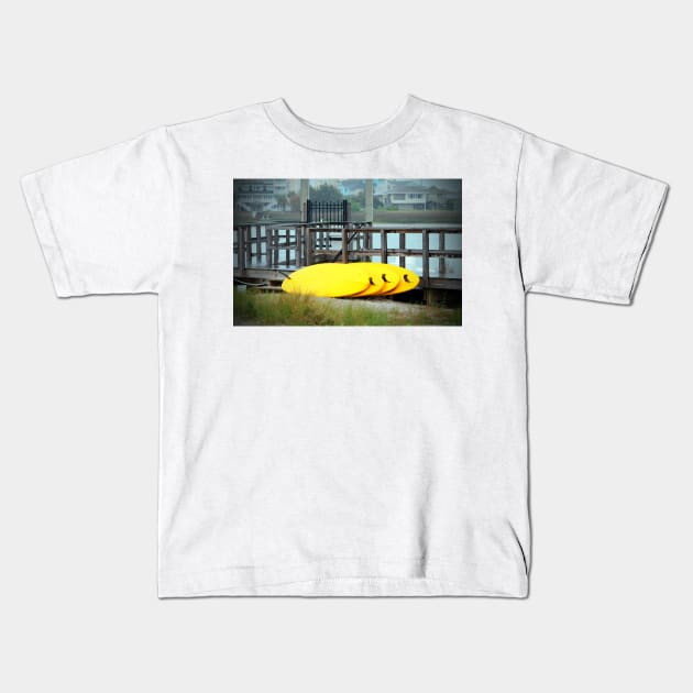 Four Yellow Surfboards Kids T-Shirt by Cynthia48